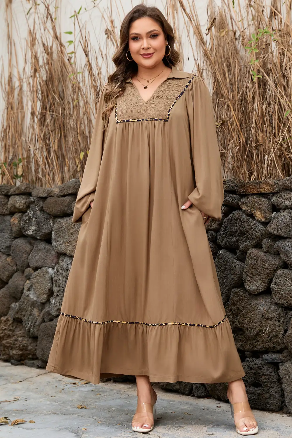 Finish Animal Print V Neck Smocked Dress