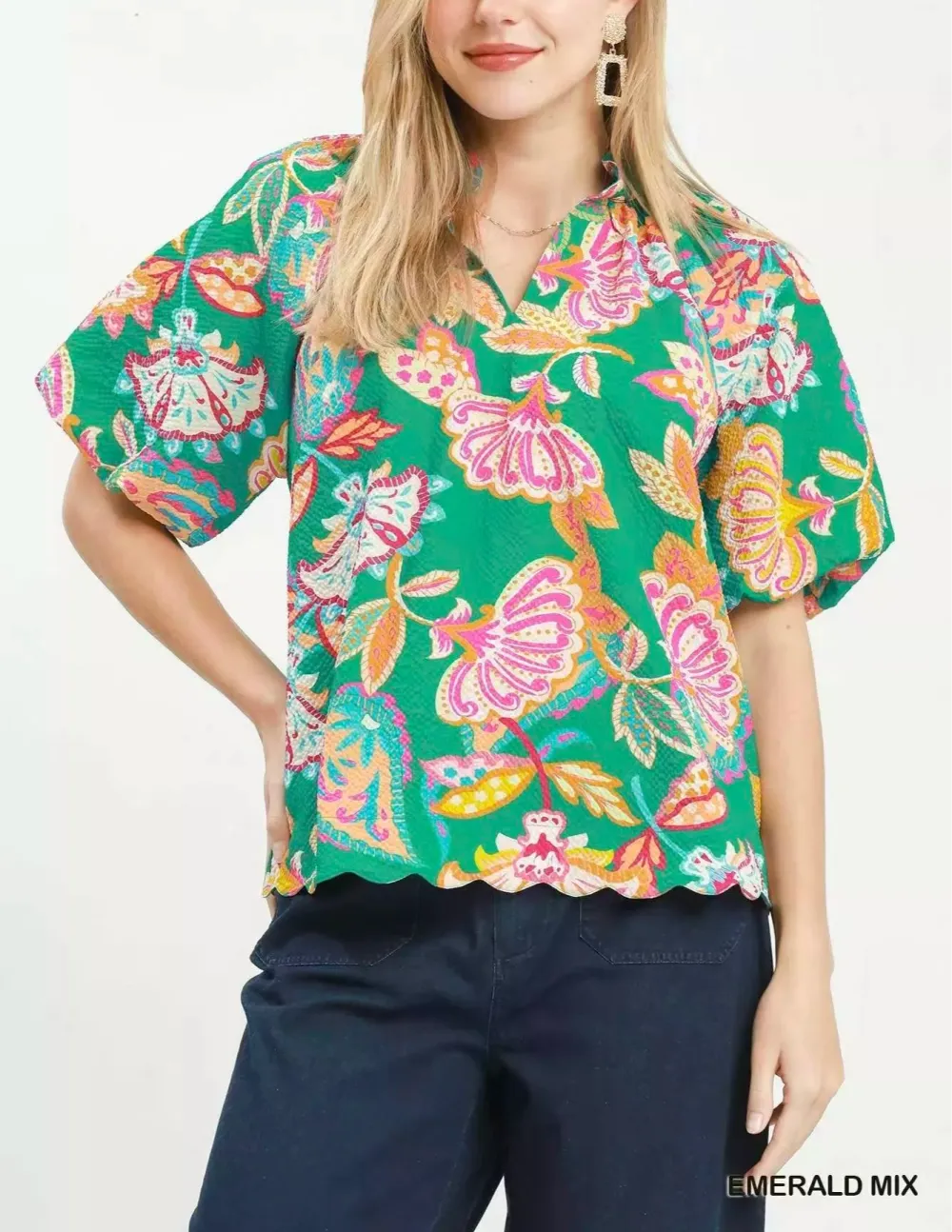 Mix Floral Print Scallop Hem Blouse