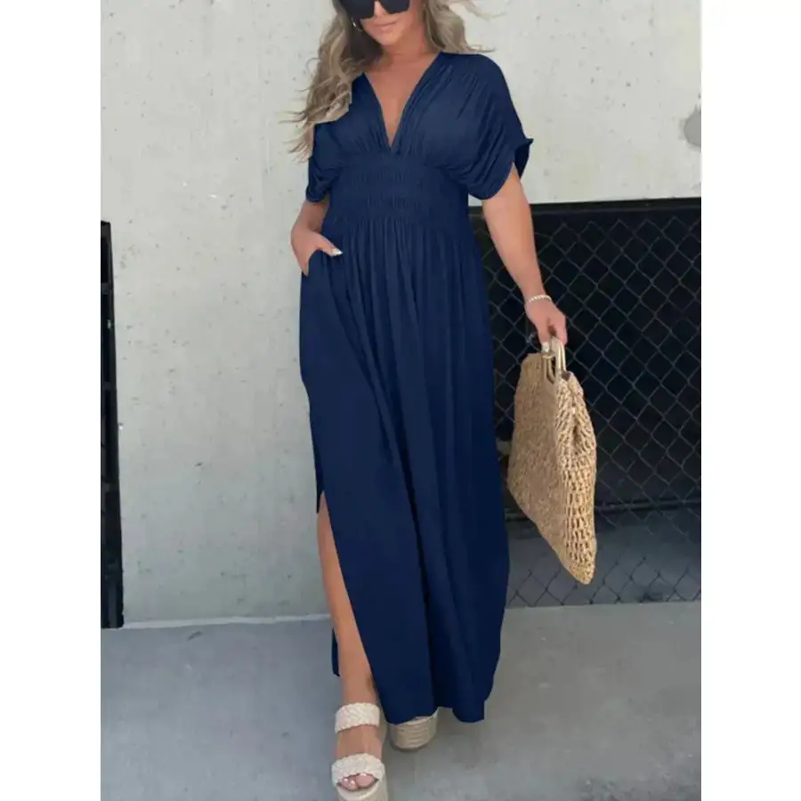 Full Size Deep V Neck Maxi Dress with Side Slit Plus Size