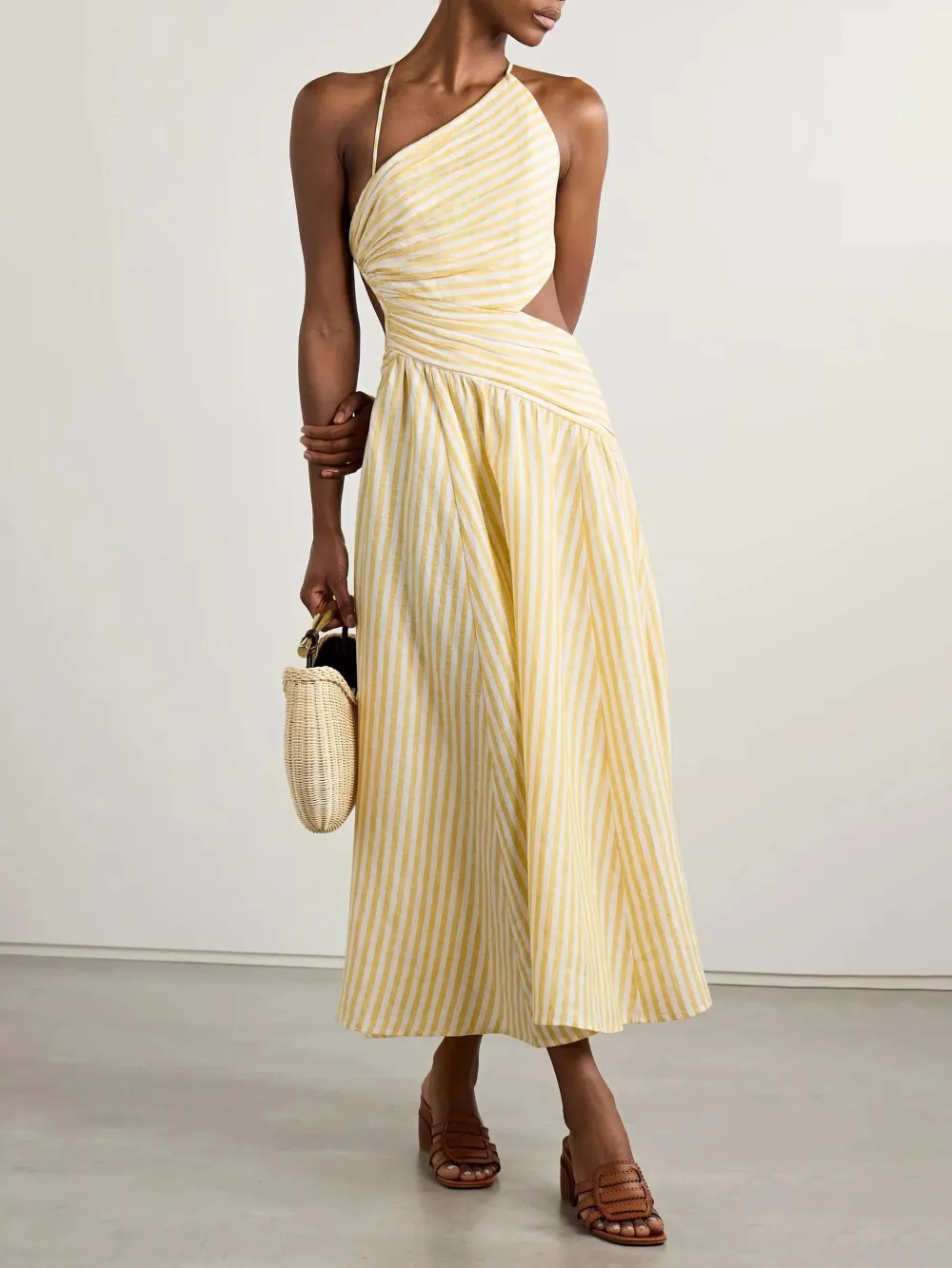 Casual Hollow Pleated Striped Print Midi Dress