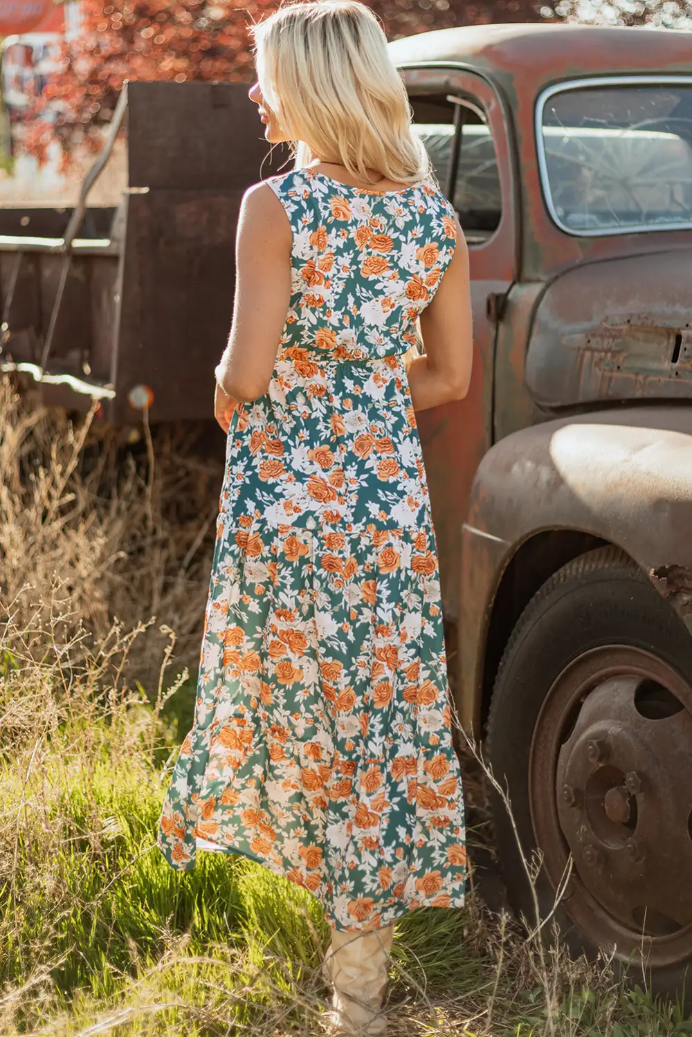 Print Trimmed V Neck Tie Waist Sleeveless Holiday Long Dress