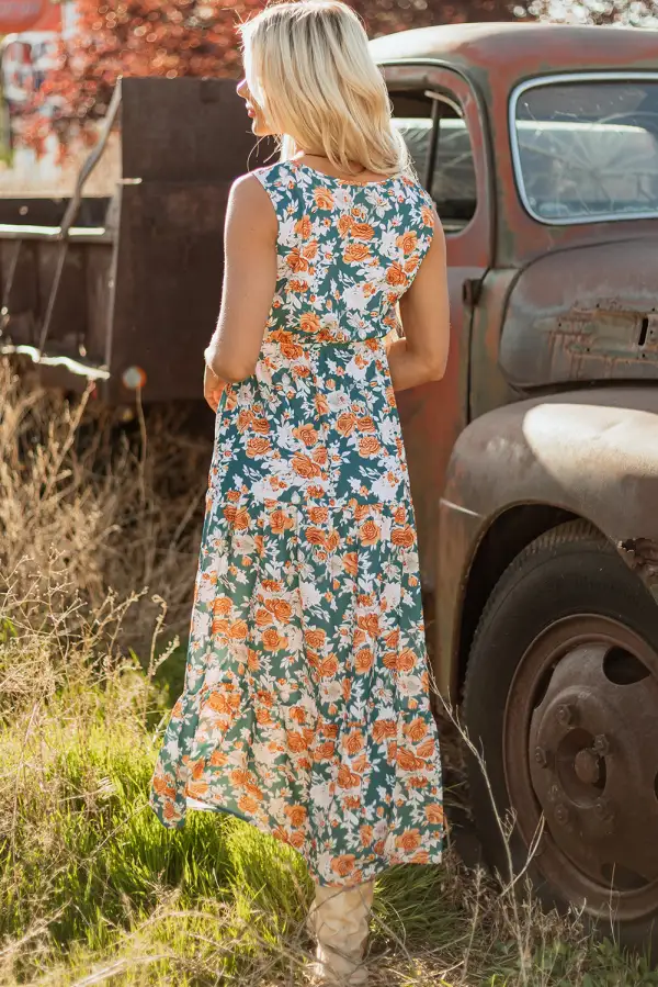 Print Trimmed V Neck Tie Waist Sleeveless Holiday Long Dress
