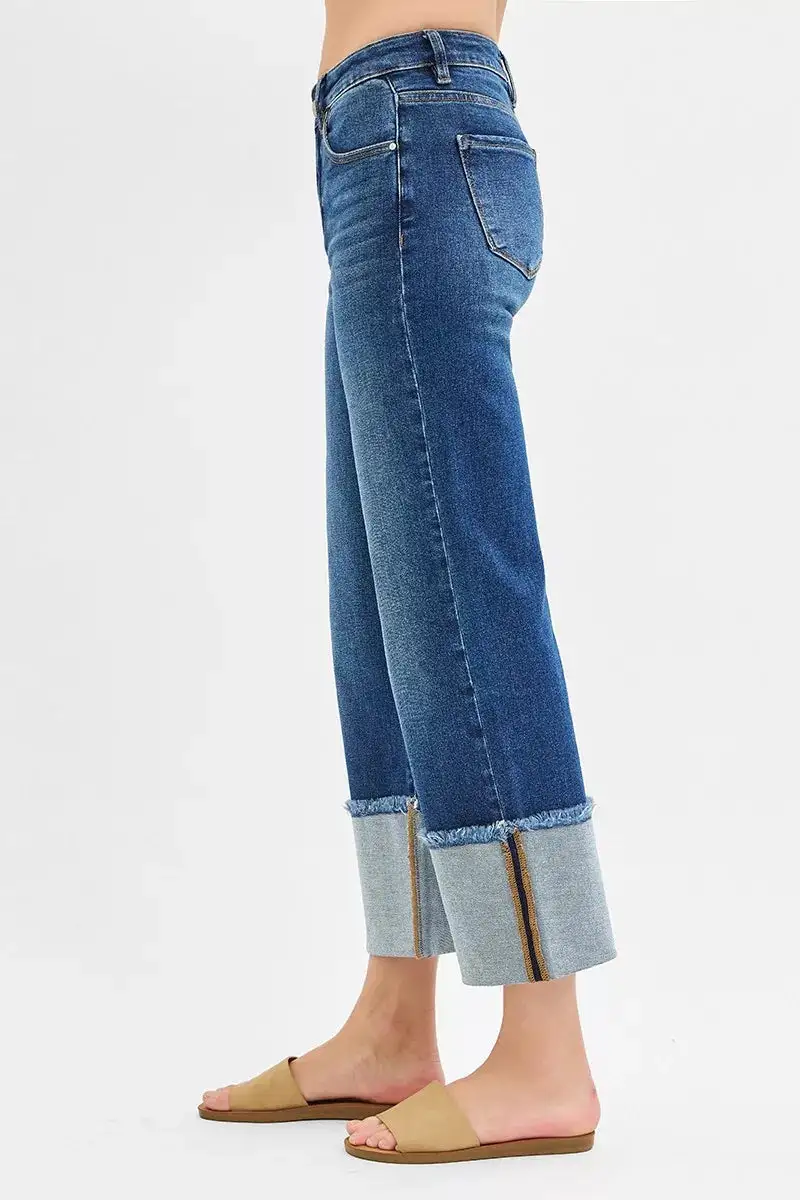 Mid Rise Raw Hem Cuffed Hem Wide Leg Jeans