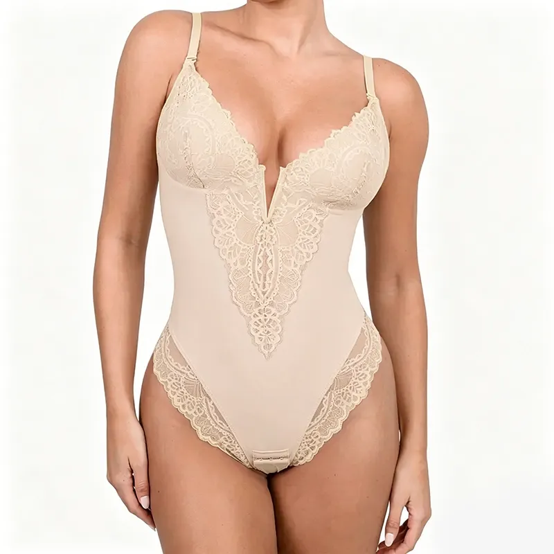 Womens Deep V Lace Bodysuit Built-in Shapewear Breathable Shaping Tops