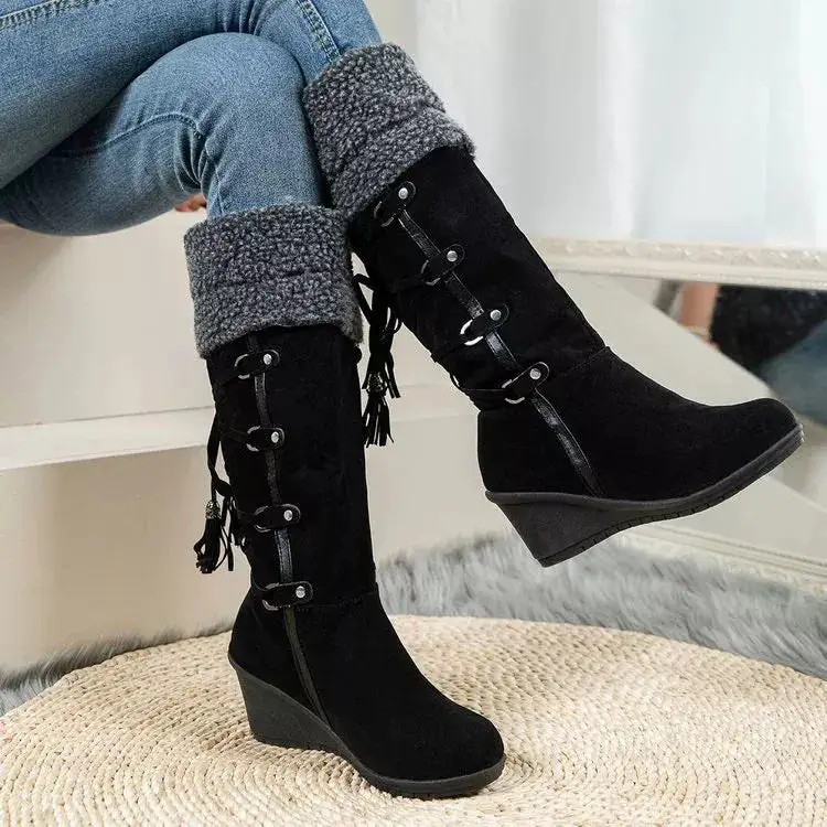 Suede Wedge Boots with Fur Cuff