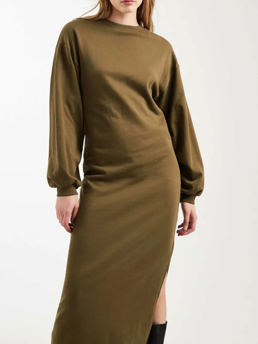 Lantern-Sleeve Split Midi Dress