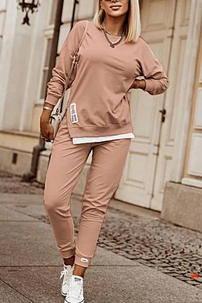 Women's Fashion Side Slit Fake Two-piece Top & Pants Two-piece Set