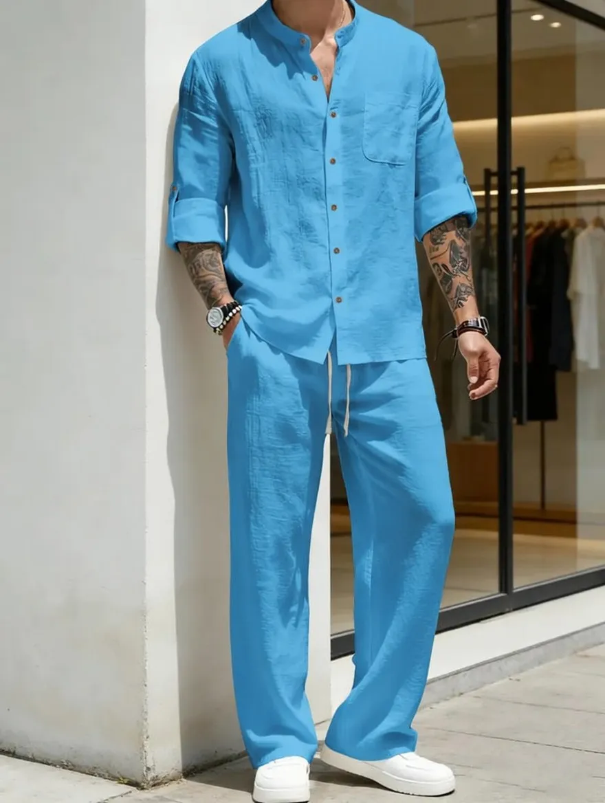Men's Linen Stand Collar Long Sleeve Casual Suit