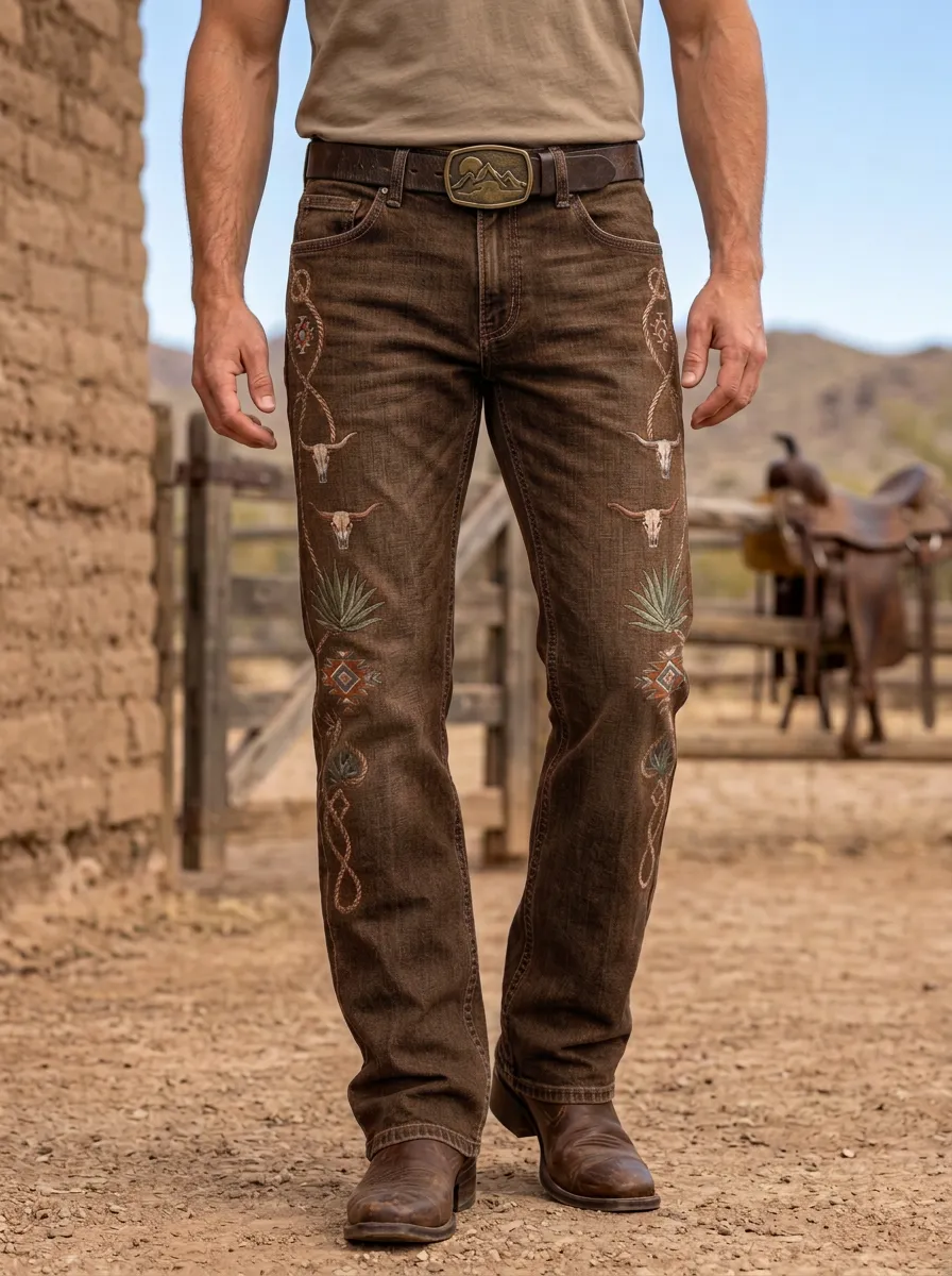 Men's Western Cowboy Cactus Skull Embroidered Jeans