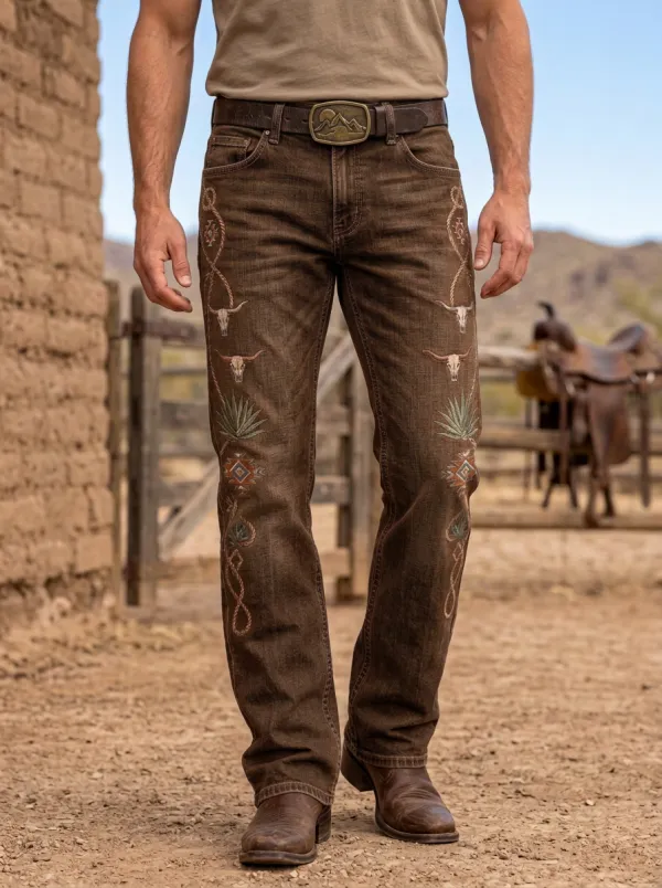Men's Western Cowboy Cactus Skull Embroidered Jeans
