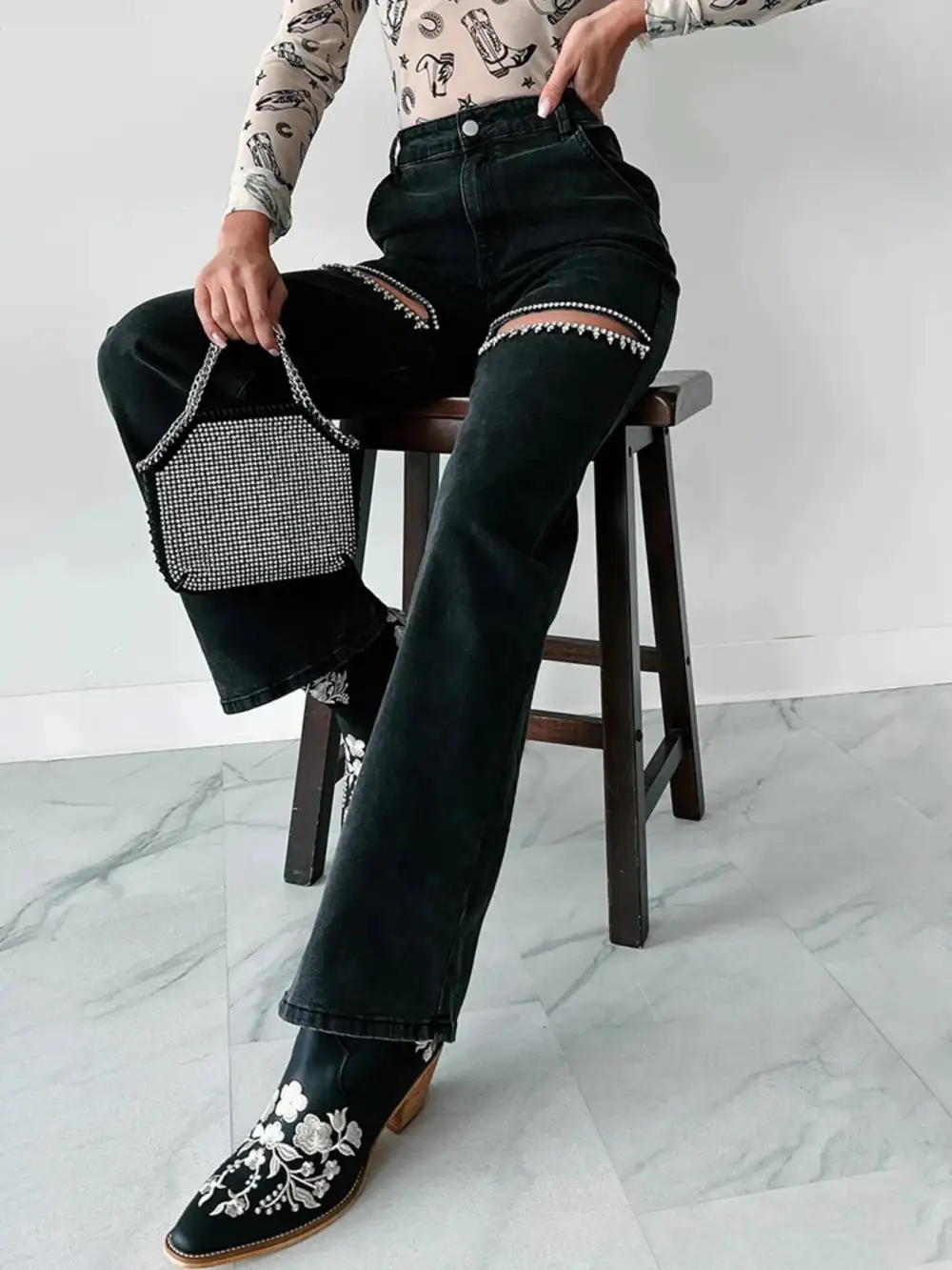 Ripped Wide Leg Wash Denim Jeans