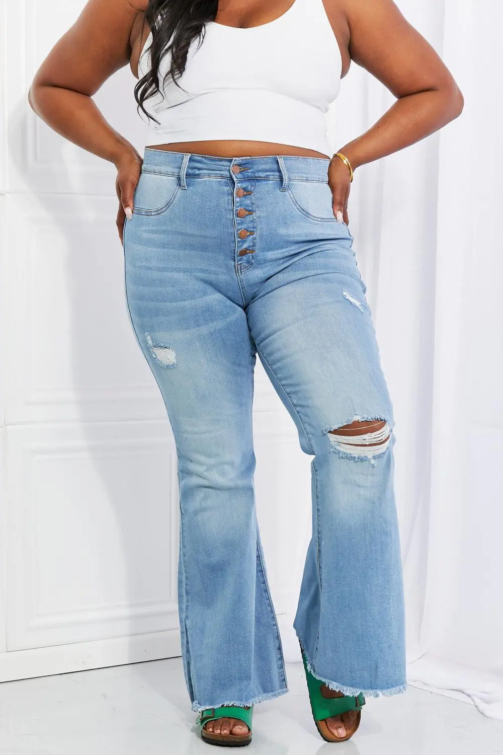 Contoured Flare Leg Button Denim Jeans