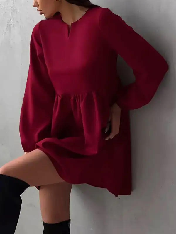 Relaxed Puff Sleeve Elasticity Pleated Solid Color Split Joint Round Neck