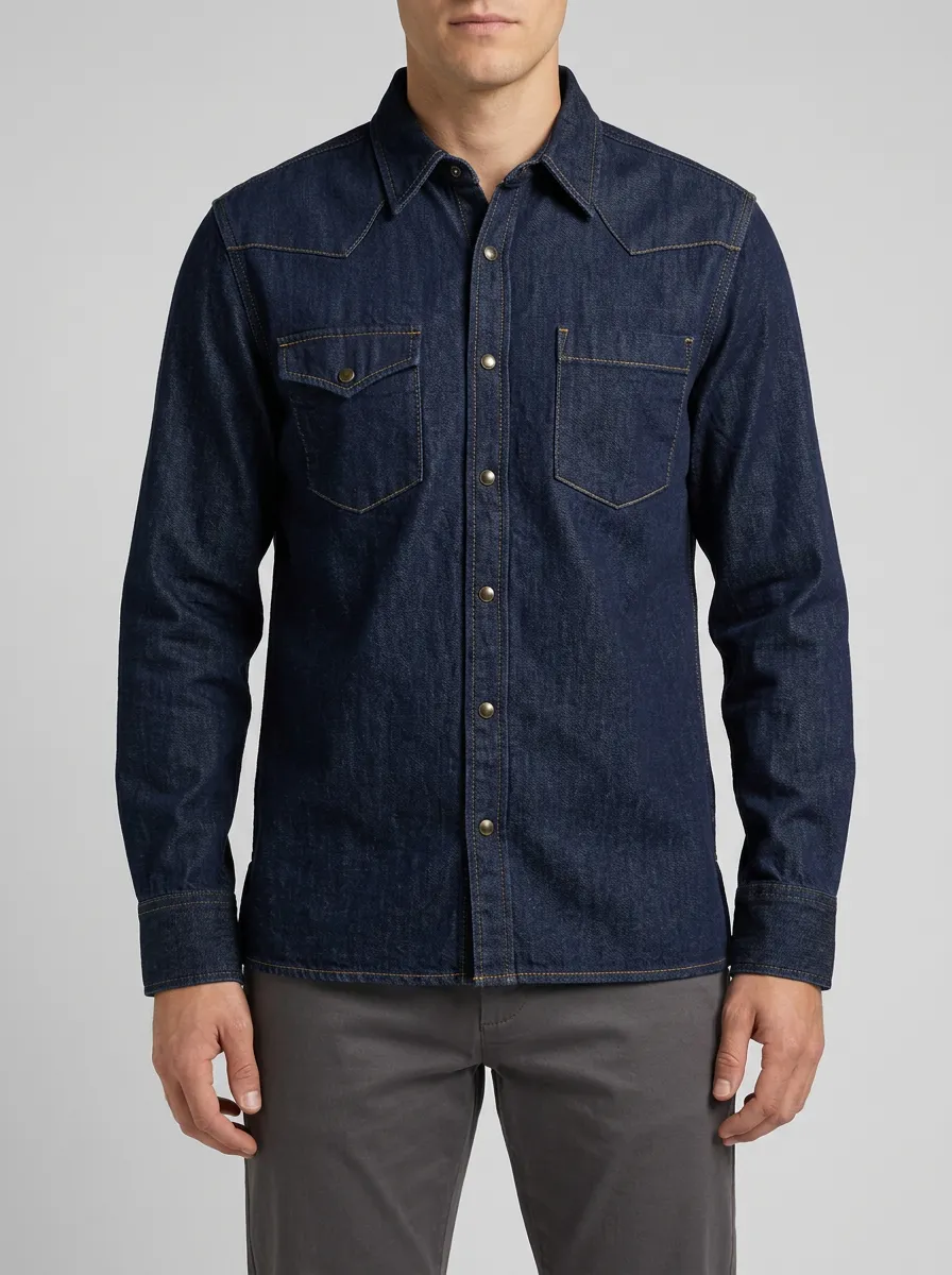Denim Shirt with Washed Texture and Snap-Button Front