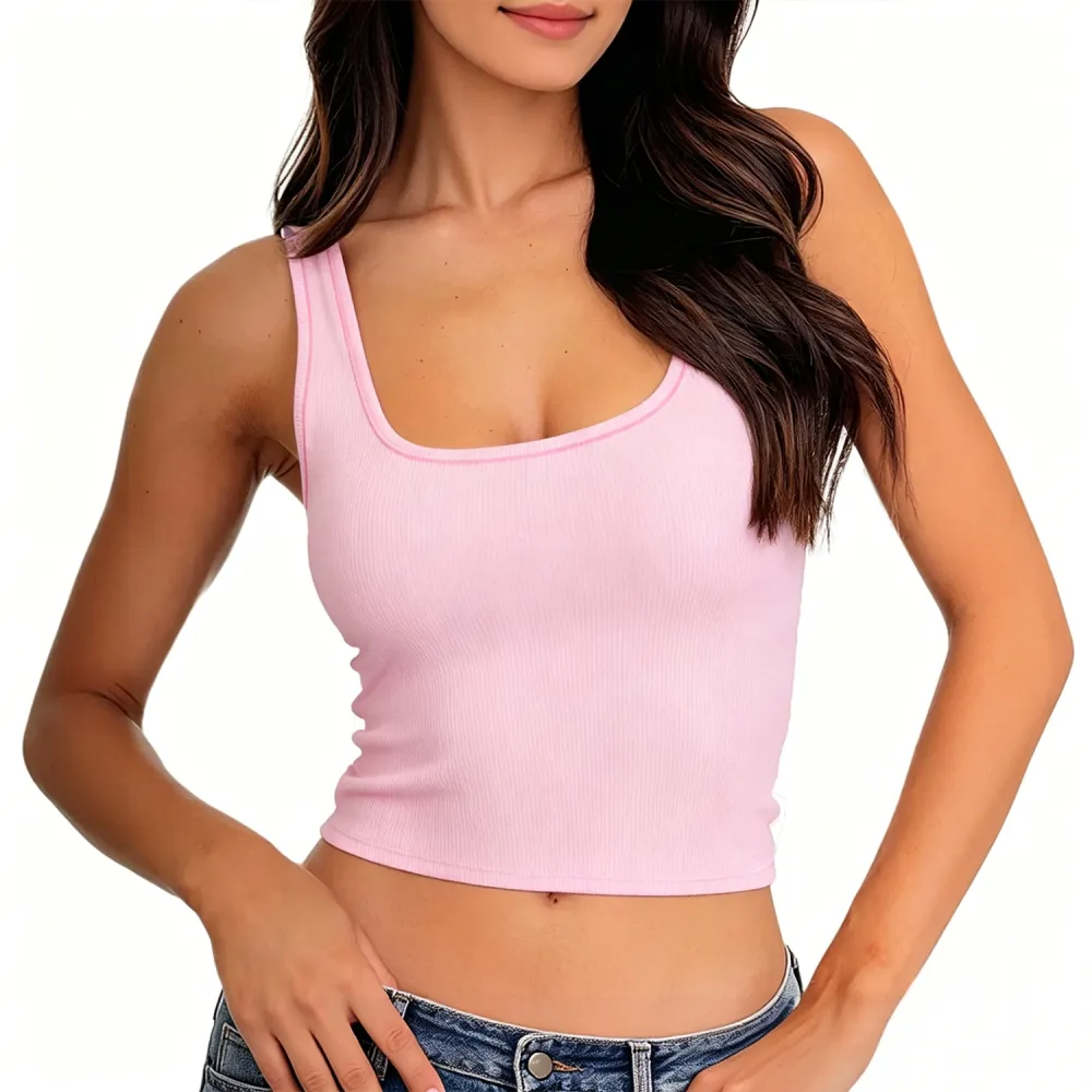 Women Rib Tank Top Padded Workout Top Square Neck Crop Tank