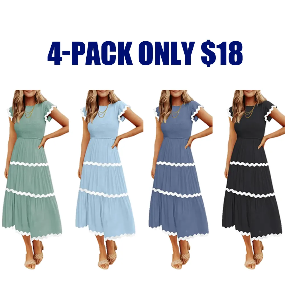 Women's Flowy Short-Sleeved Pleated Midi Dress