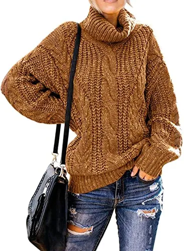 Women's 2025 Turtleneck Balloon Long Sleeve Casual Loose Chunky Cable Knit Pullover Sweater Outerwear
