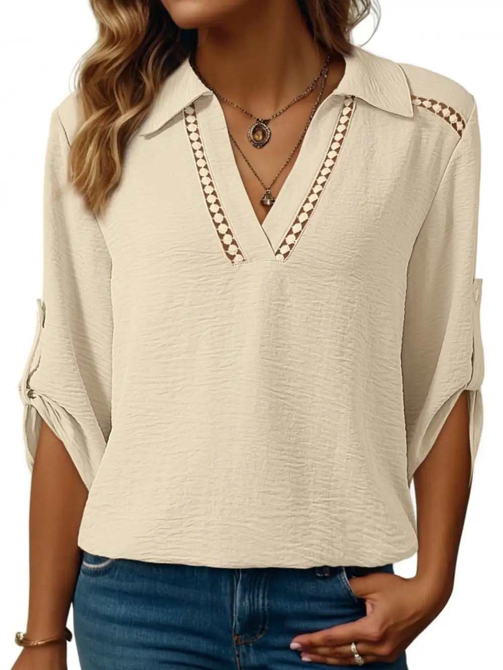 Collar Roll Up Sleeve Blouse