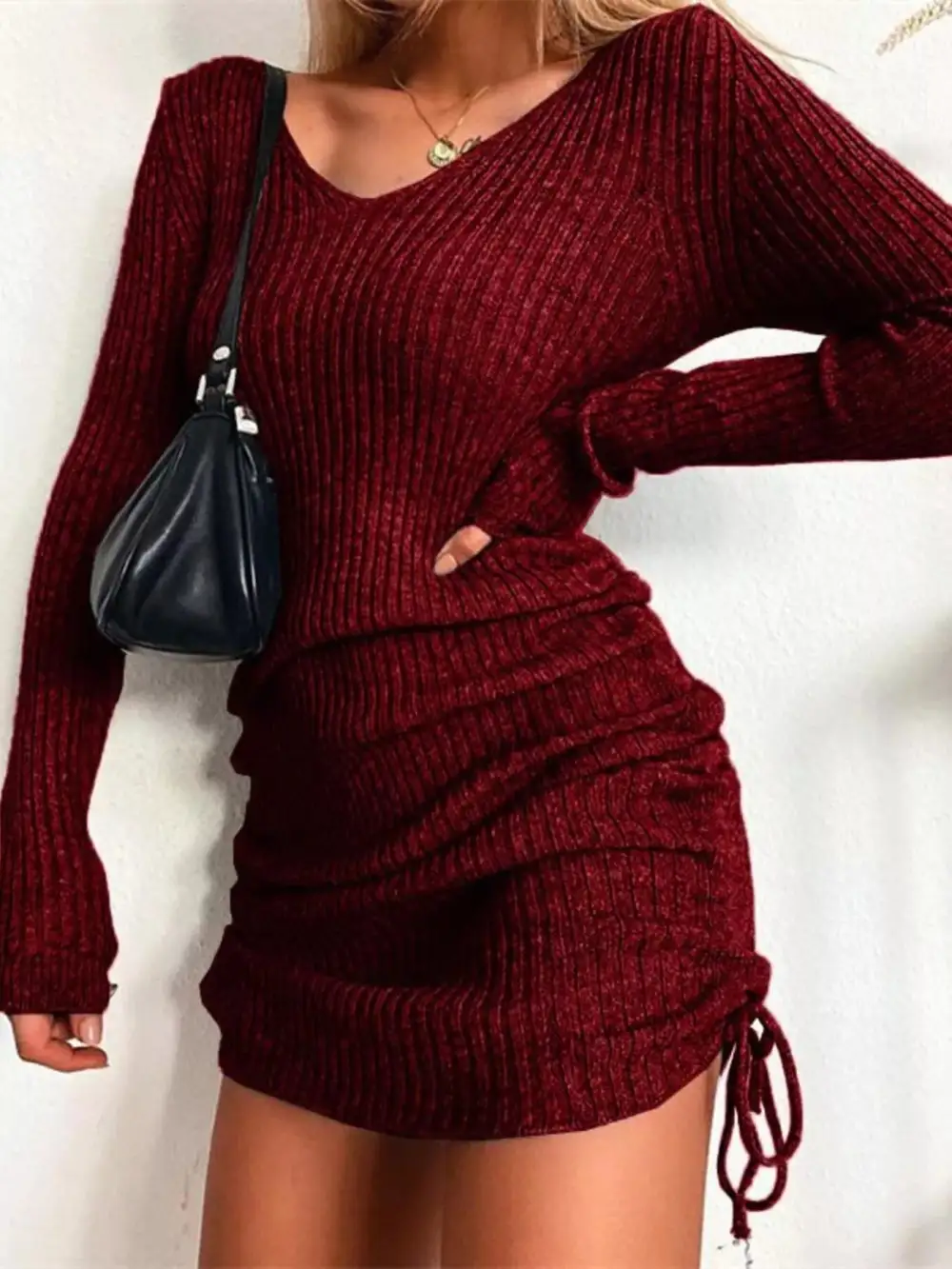 Ribbed Knit Drawstring Sweater Dress
