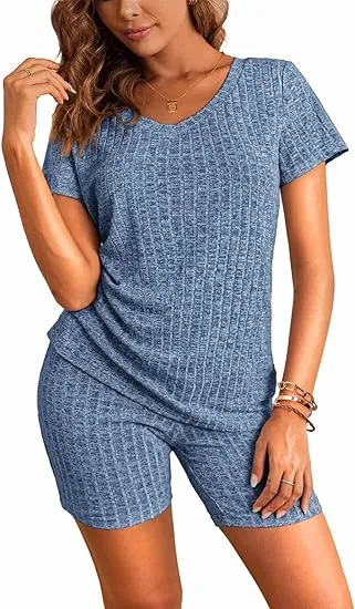 10PACK-Ribbed Pajama Short Sleeve Workout Set