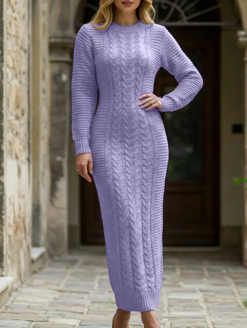 Cable Knit Long-Sleeved Wool Dress
