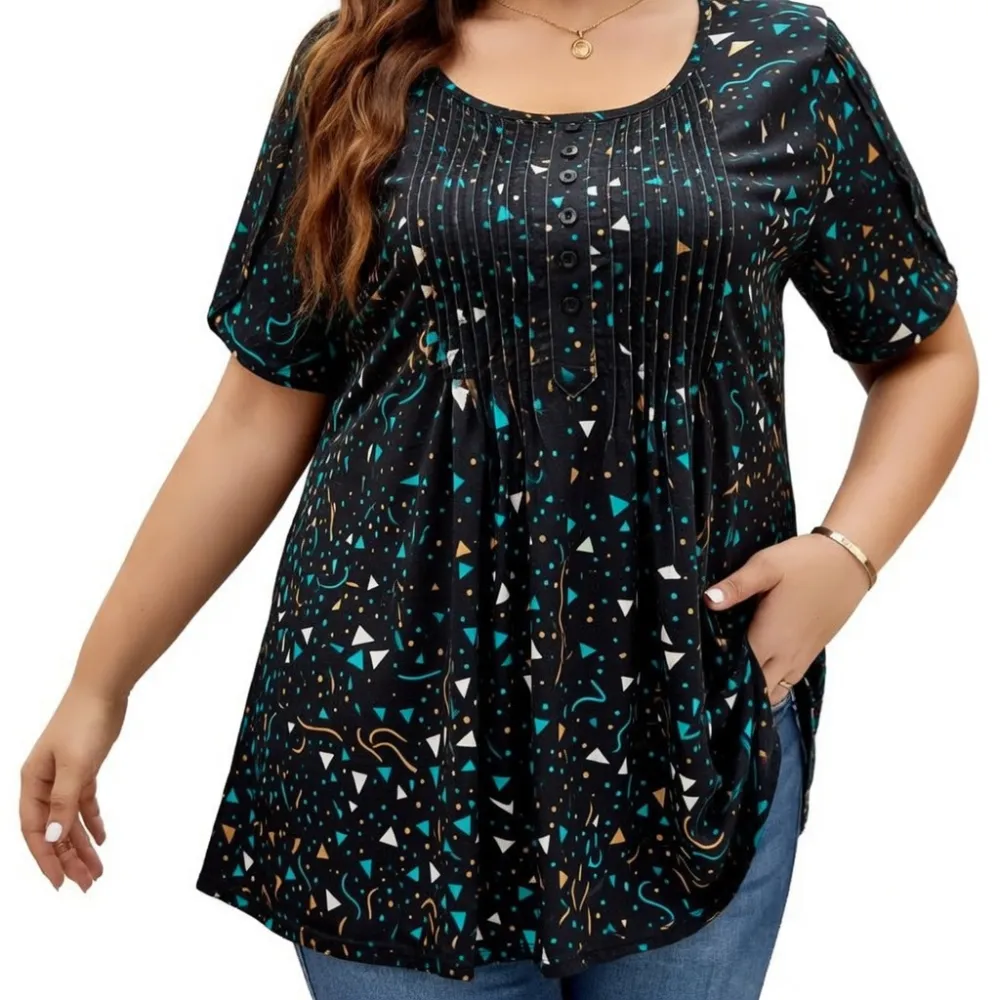 Women's Plus Size Summer Waist-Cinching Top with Round Neck and Printed Casual Short Sleeves