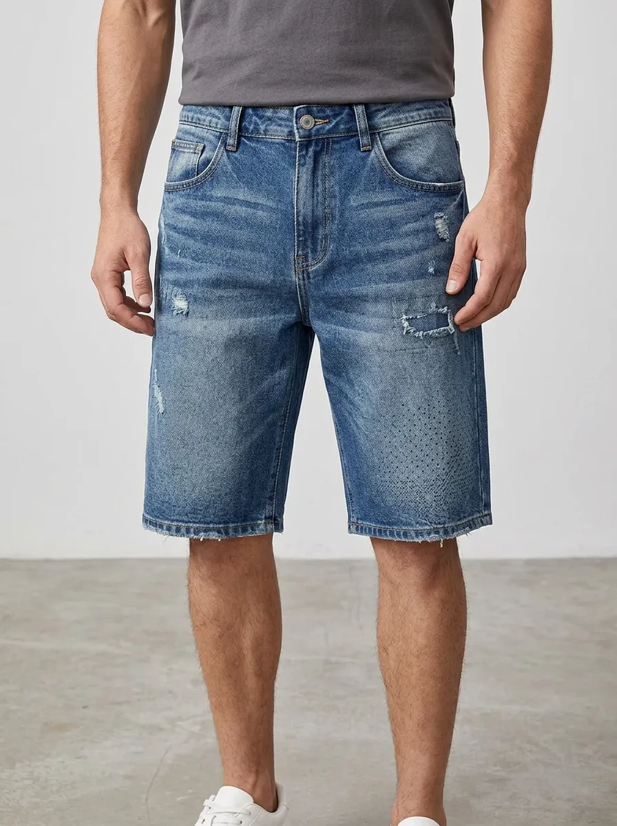 Men's Urban Distressed Raw Hem Street Inspired Distressed Denim Shorts