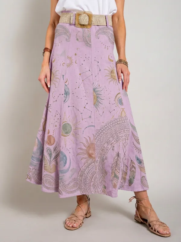 Women's Celestial Boho Sun Moon Paisley Printed Midi Skirt
