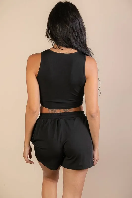 Black Ribbed Tank and Shorts Set