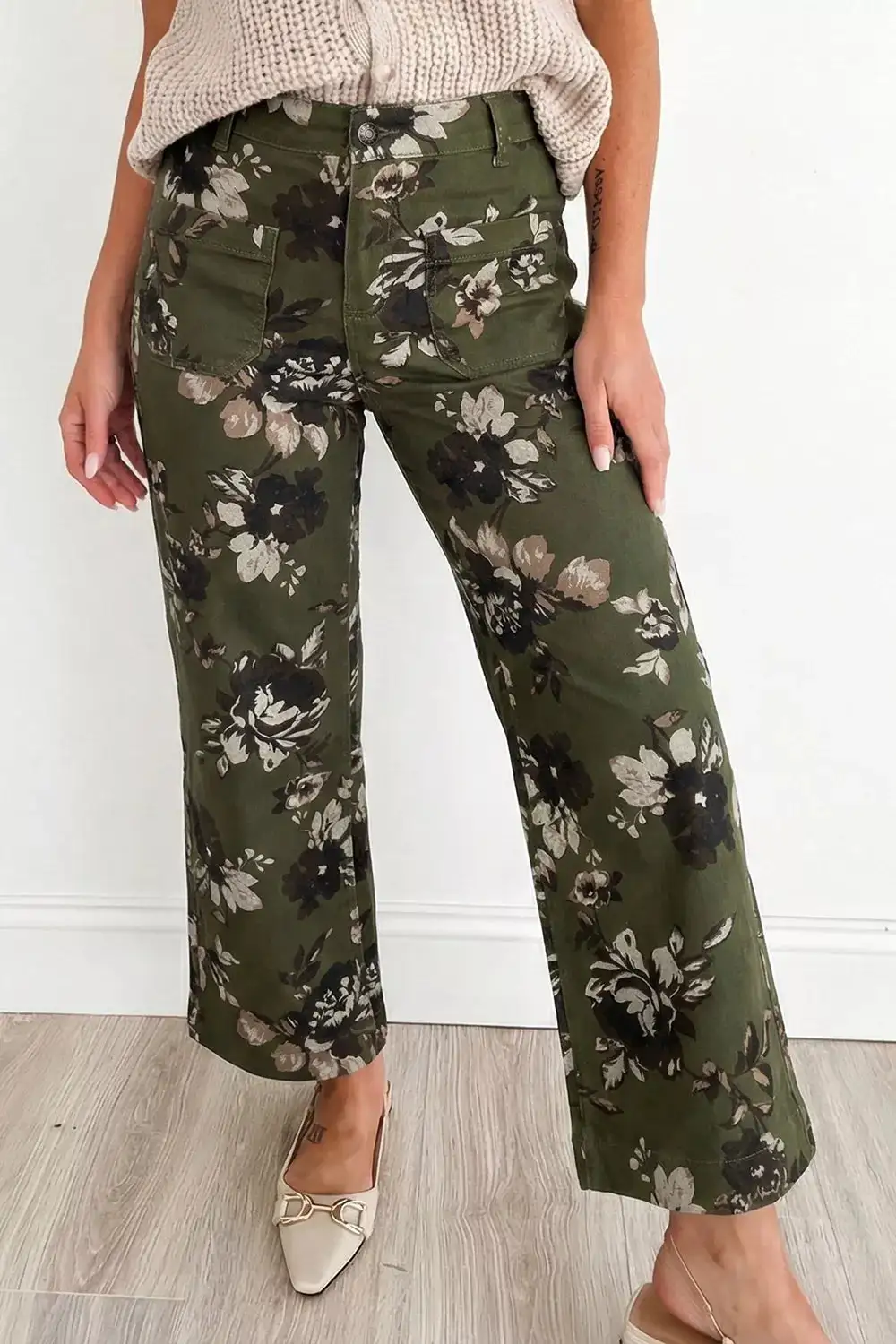 High Rise Floral Print Wide Leg Jeans