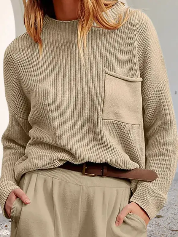 Pocket Detail Round Neck Long Sleeve Relaxed Fit Pullover Sweater