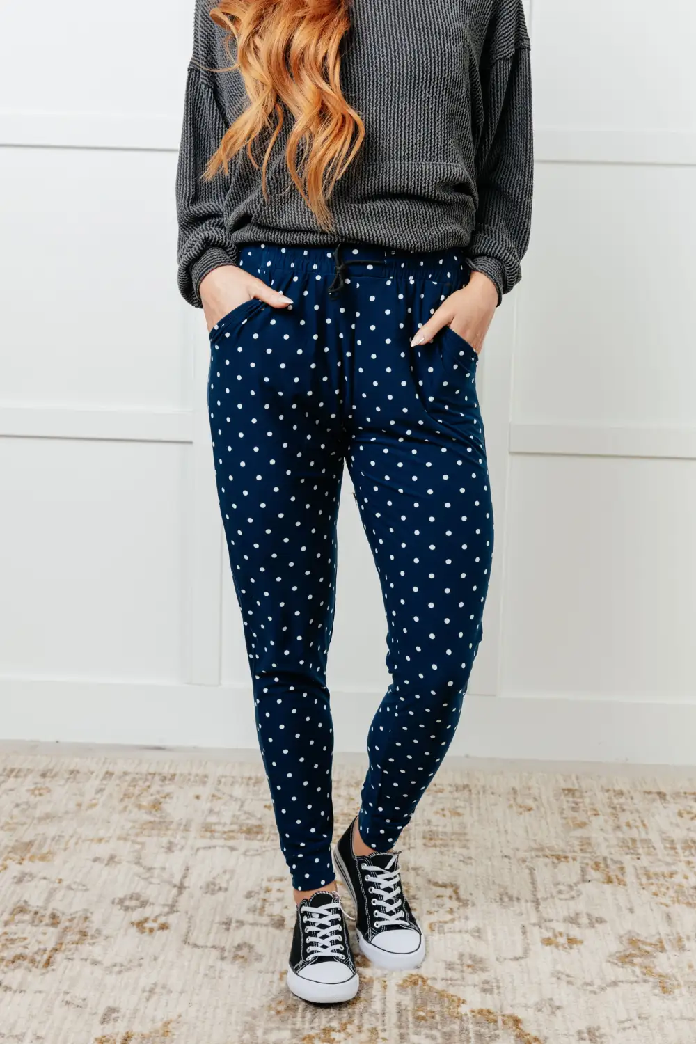 Knit Polka Dot Tapered Drawstring Jogger Pants