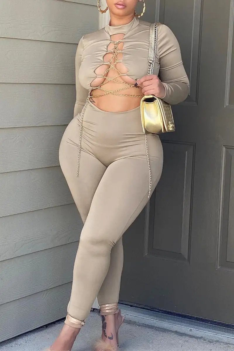 Sexy Casual Solid Hollowed Out Half A Turtleneck Skinny Jumpsuits