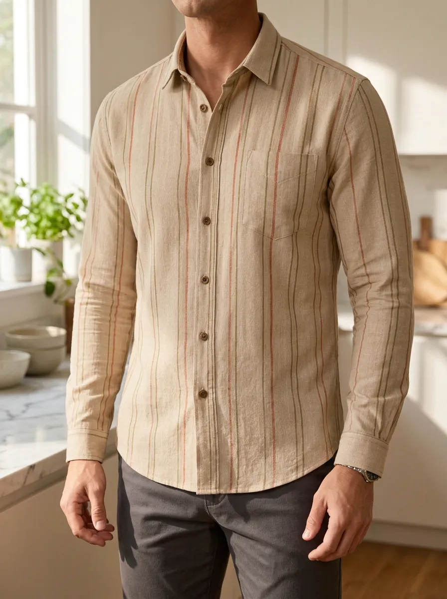 Men's Refined Vertical Stripe Chest Pocket Long Sleeve Slim Fit Shirt
