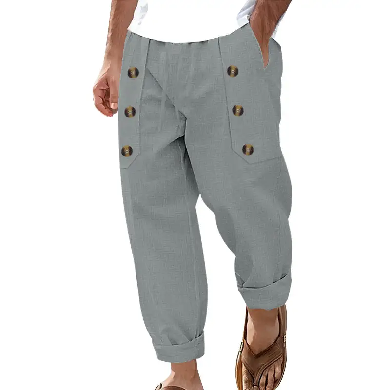 Men's Ankle-length Linen Cargo Pants Pockets