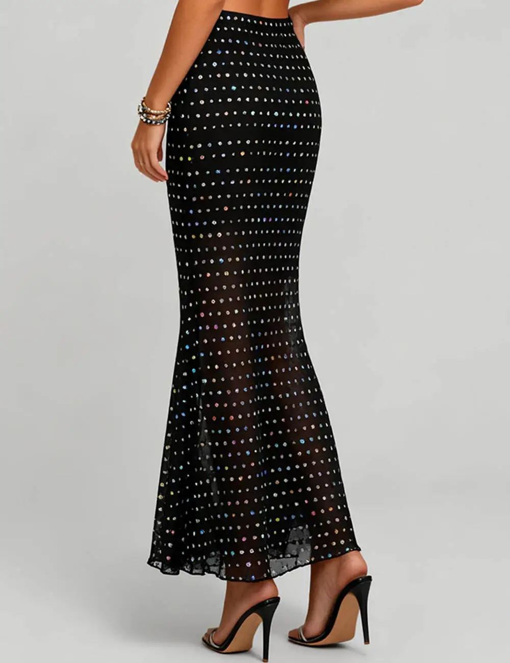Shiny Sequin Mesh Sheer Elastic Waist Maxi Skirt
