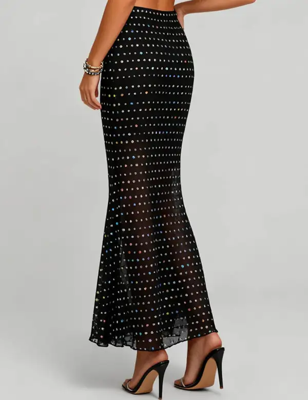 Shiny Sequin Mesh Sheer Elastic Waist Maxi Skirt