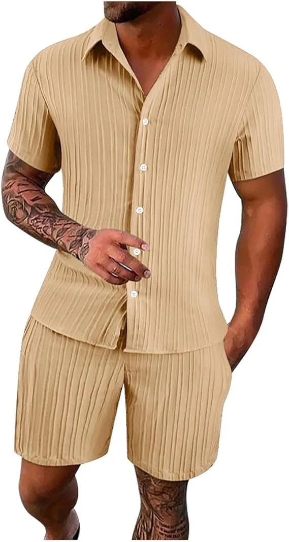 Men'S Solid Textured Short Sleeve Button Front Shirt & Pocket Drawstring Waist Shorts Two-Piece Set, Casual Summer Outfits Clothes Set For Men, Sets For Men Clothing, Menswear,  Summer Outfits Set