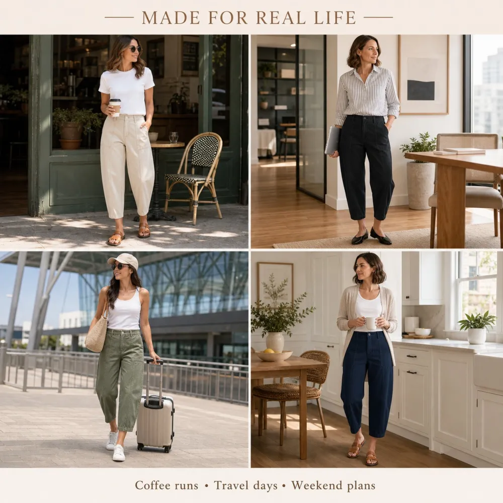 Women's Solid Stitch Detail Mid Waist Barrel Crop Pants