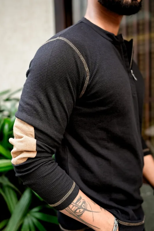 Black Contrast Collar Half-Zip Casual Shirt