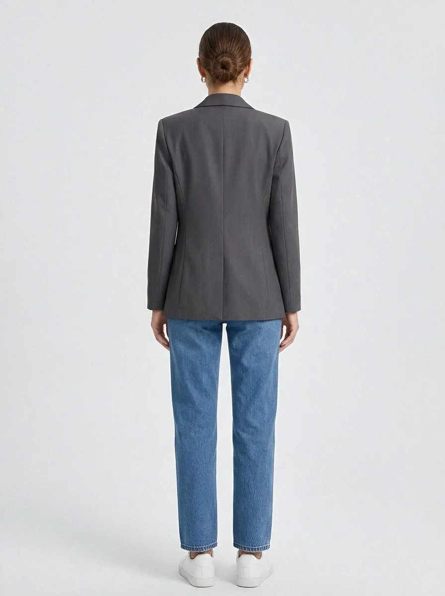 Women's Business Casual Grey Double-Breasted Blazer Jacket