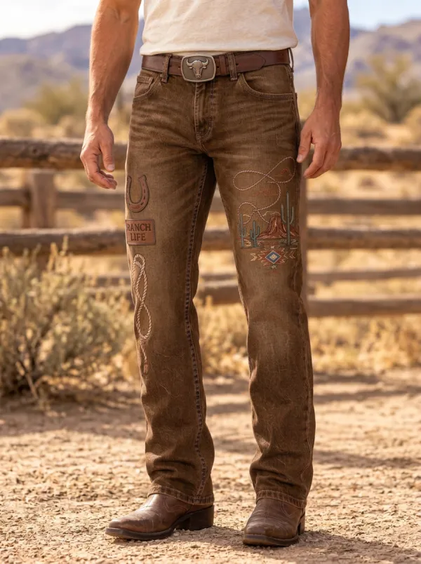 Men's Western Horseshoe Horse Cactus Rope Jeans