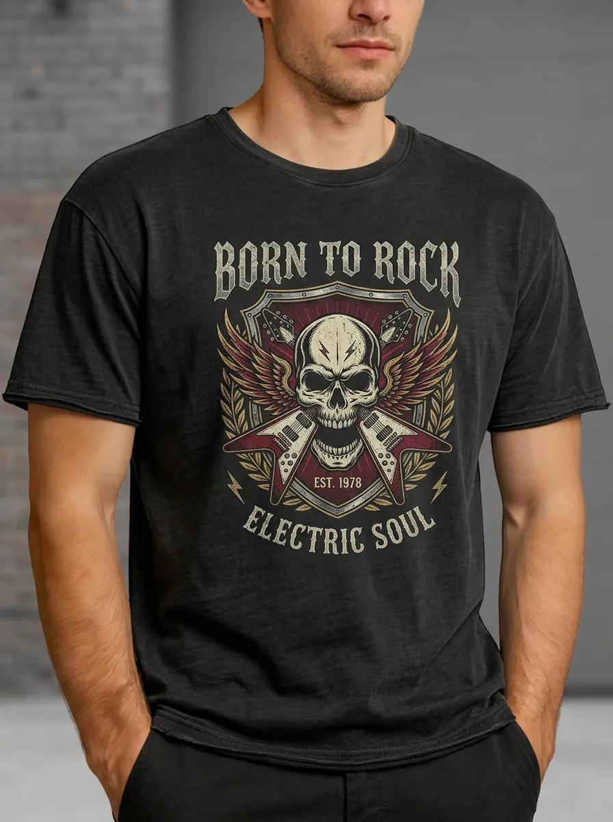 Men's Rock Music Lover Skull Electric Guitar Printed T-shirt