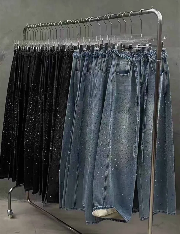 Fleece Lined Rhinestone Wide Leg Denim Pants