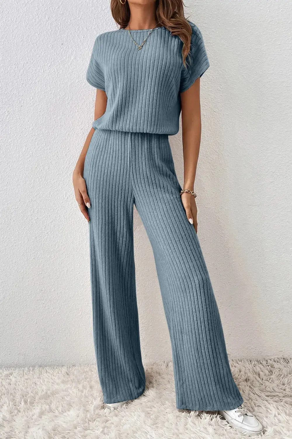 Ribbed Short Sleeve Wide Leg Jumpsuit Shorts