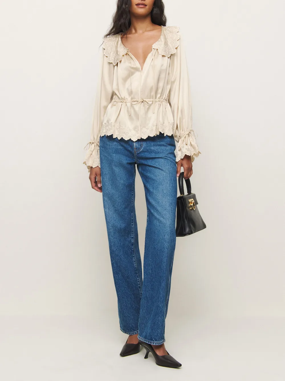 Ruffled V Neck Drawstring Blouse