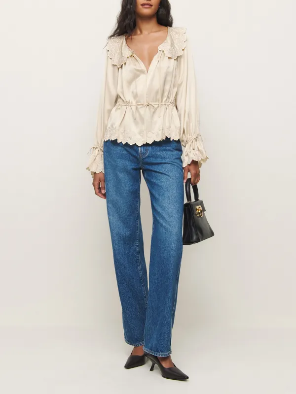 Ruffled V Neck Drawstring Blouse