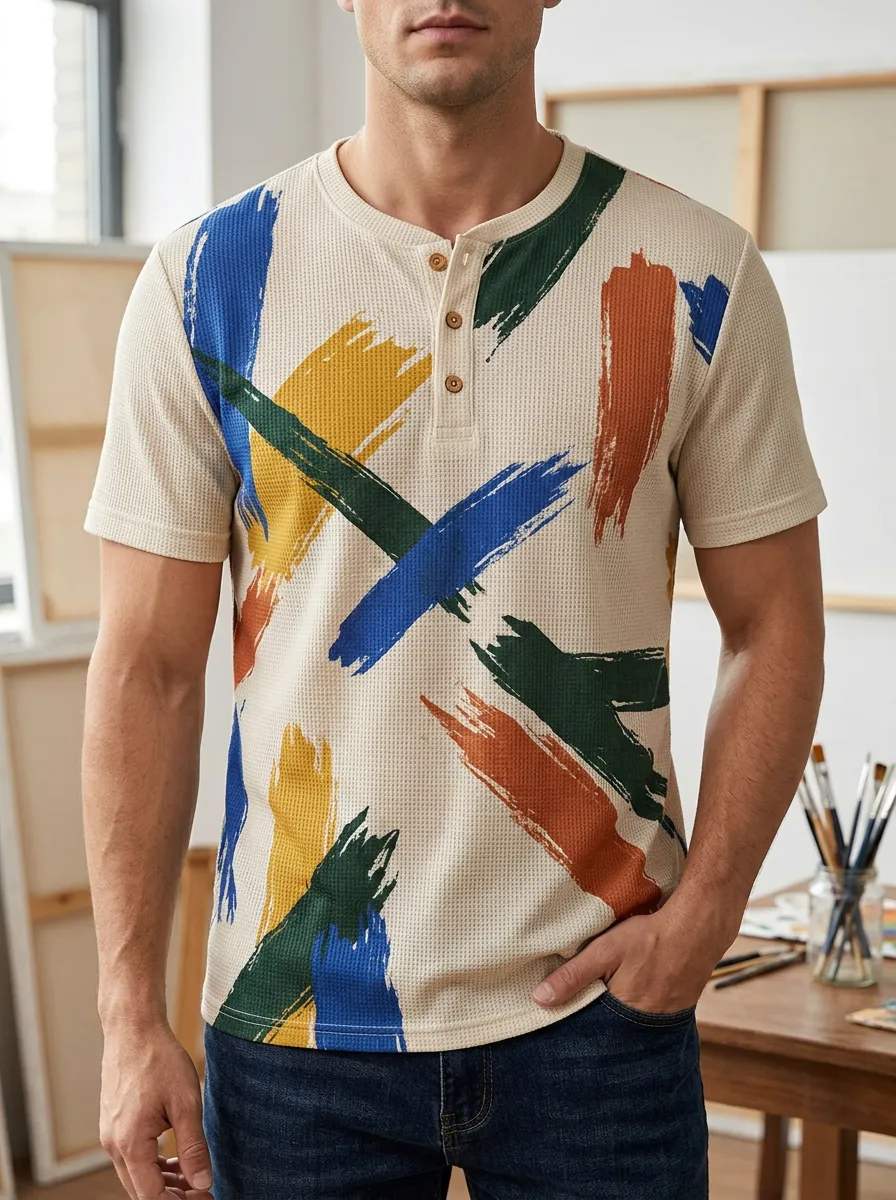 Men's Classic Abstract Brushstroke Waffle Henley T-Shirt