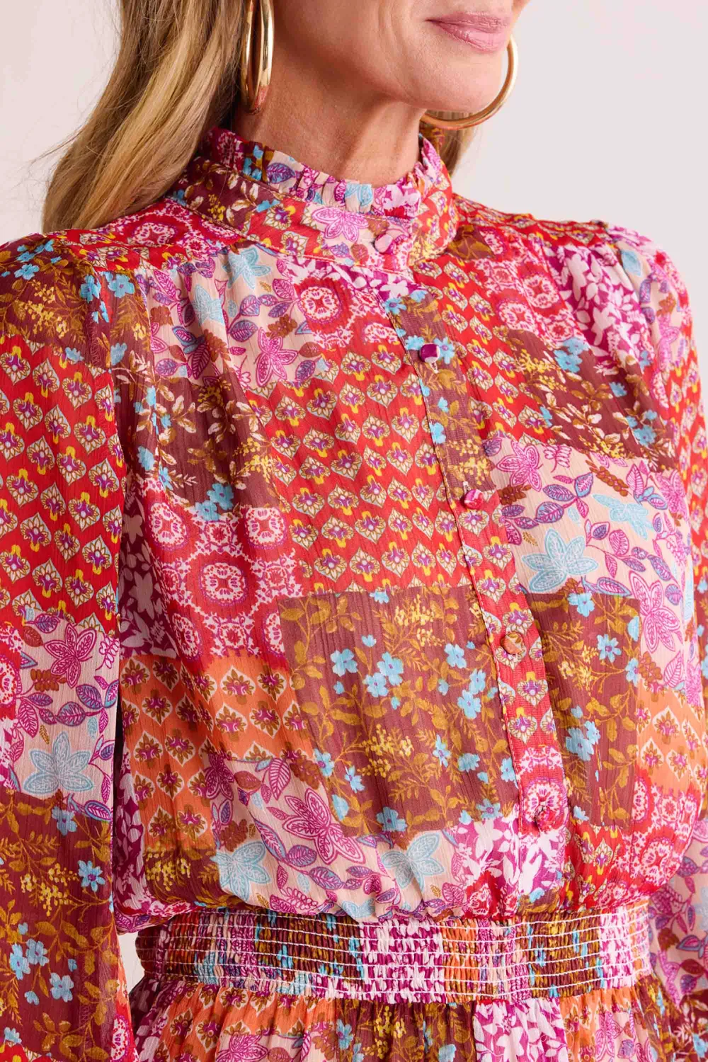 Salmon Pink Print Stand Collar Maxi Dress