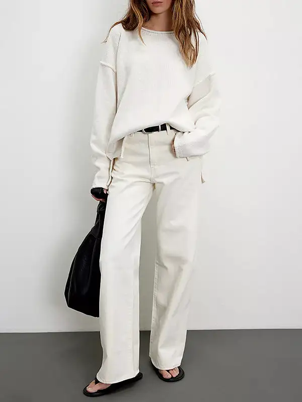 Paneled Round Neck Long Sleeve Relaxed Fit Easy Fit Sweater